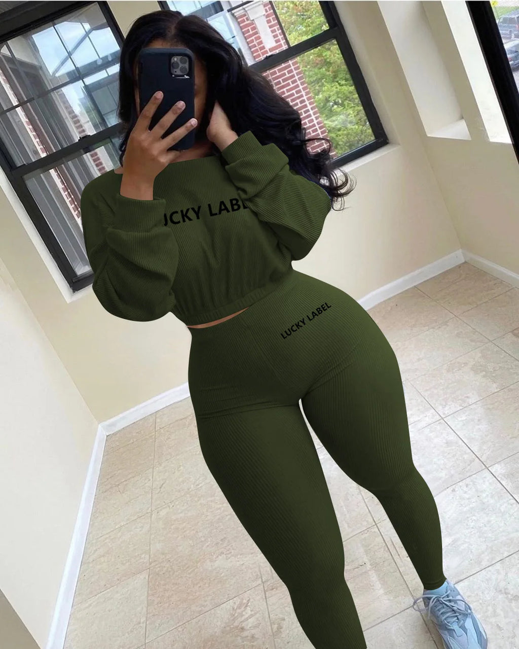 Two Piece Ribbed Tracksuits Fall Spring Long Sleeve Sweatshirt and Skinny Pants Set