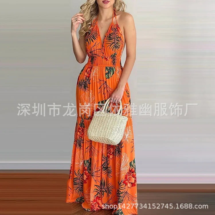 Floral Maxi Dress Long Backless Summer Elegant Gown for Women Vacation Beach Wedding Guest Outfit Flowy Evening Party Skirt