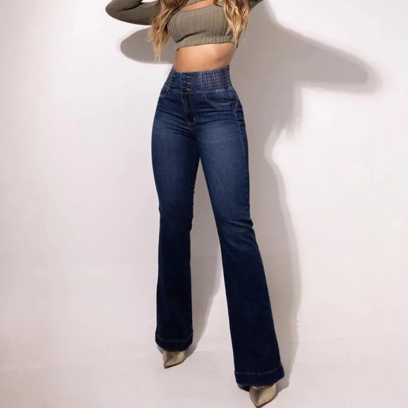 Retro Elastic High-Waist Jeans Slim Bootcut Butt-Lifting Tummy Control Curvy-Friendly Denim Trousers