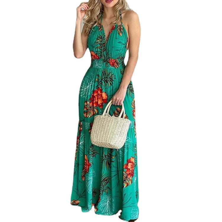 Floral Maxi Dress Long Backless Summer Elegant Gown for Women Vacation Beach Wedding Guest Outfit Flowy Evening Party Skirt