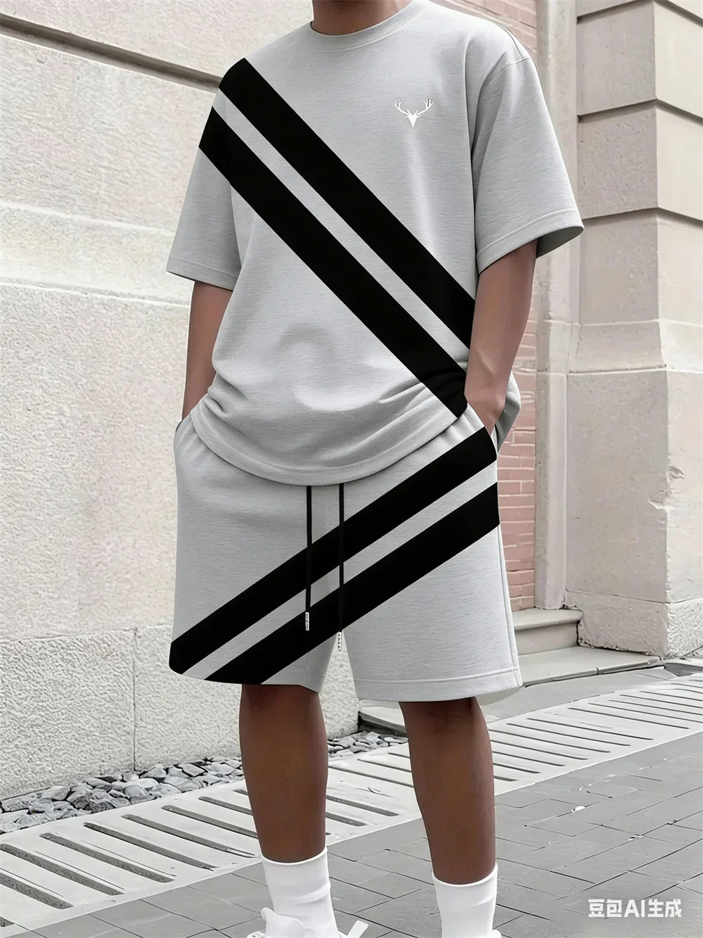 Men's Stripe Print Comfortable Breathable Round Neck T-shirt Shorts Set Outdoor High Street Clothing T-shirt Sets