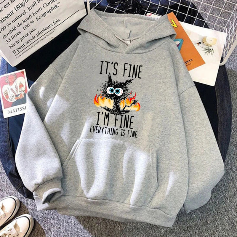 2025 Plus Size Cat Its Fine Im Fine Everything Is Fine Printed Women Hoodies Autumn Winter Hoodie Pullover Hooded
