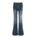 Denim Trousers Y2K Flare Pants Jeans Women Embroidery Boot Cut Low Waist Washed Distressed Pockets Floor Length Streetwear