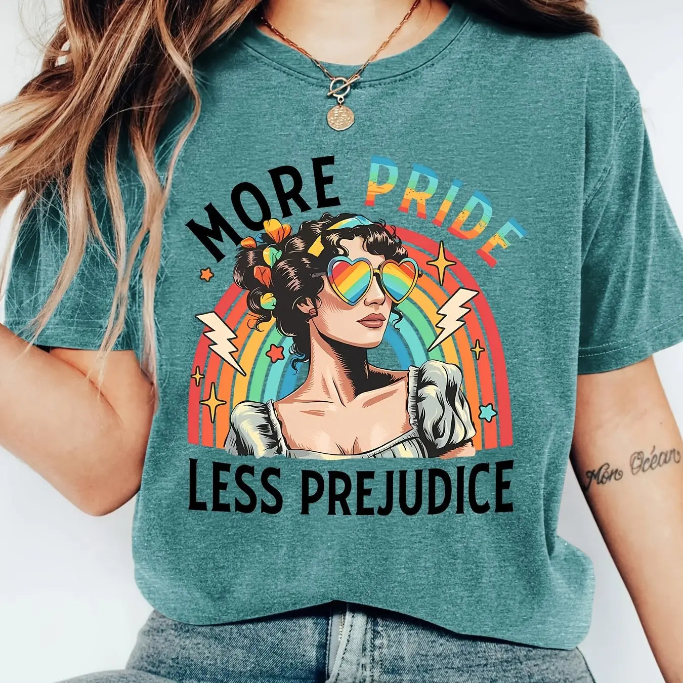 Women Casual Short Sleeve T-Shirt Rainbow Pride Graphic Print Crew Neck Soft Daily Wear Tees