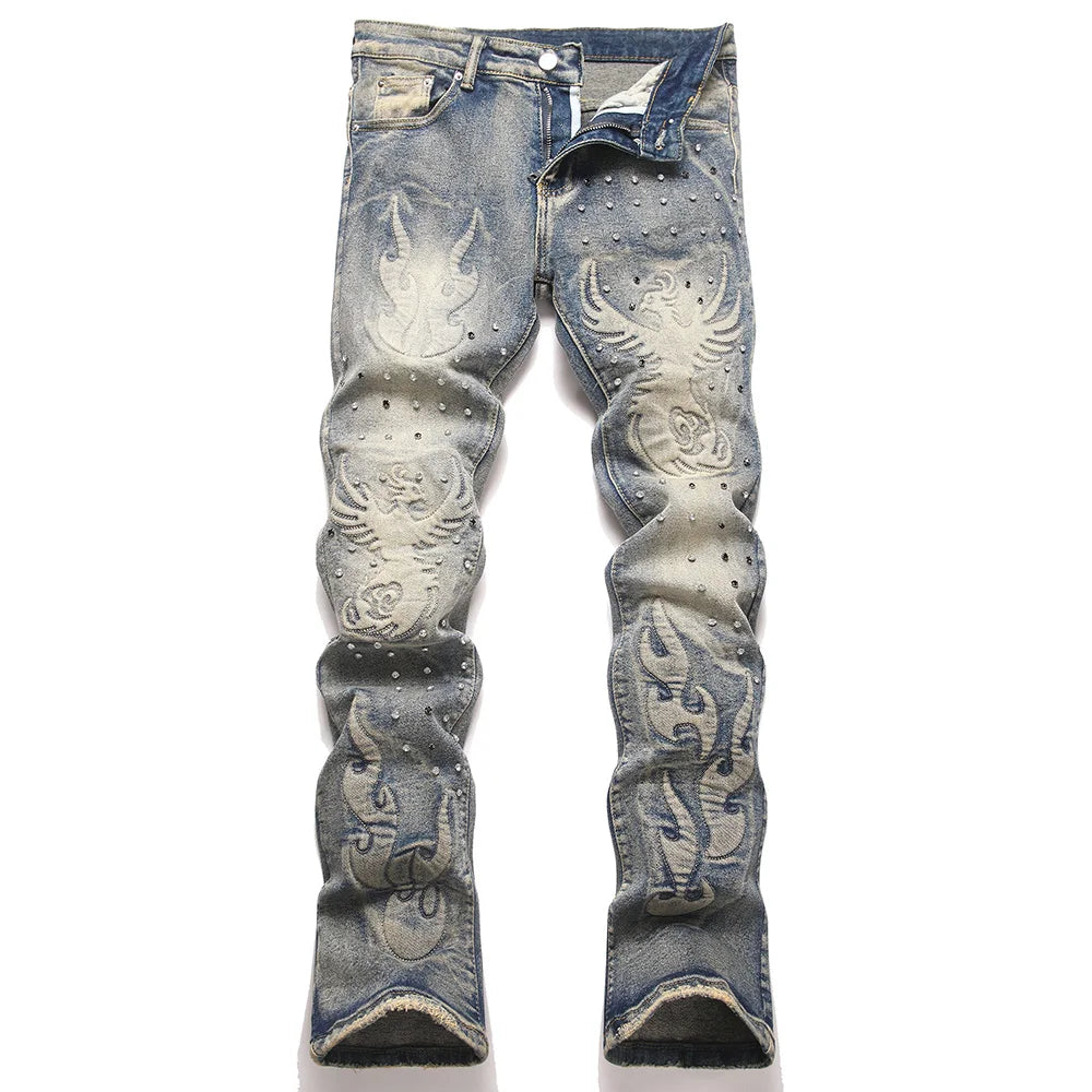 Men's Vintage Bootcut Denim Jeans Streetwear Embossed Totem Pattern Pants Retro Blue Stretch Spandex Slim Flared Trousers