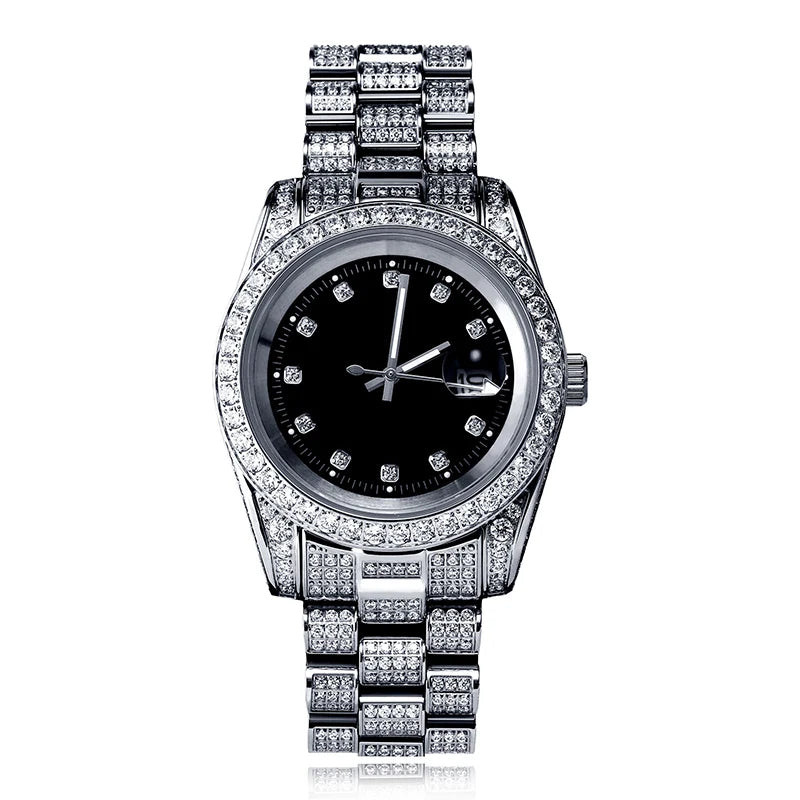 Rolex Style  Date Quartz Watch Waterproof Watches Iced  Out Stone Paved Bling Iced Out Stainless Steel Watch for Men Charm Jewelry