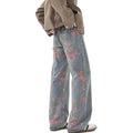 American Casual Floral Print Wide Leg Jeans Mid-Waist Fashion Urban Style Comfortable Soft Cotton Polyester Blend Four Seasons