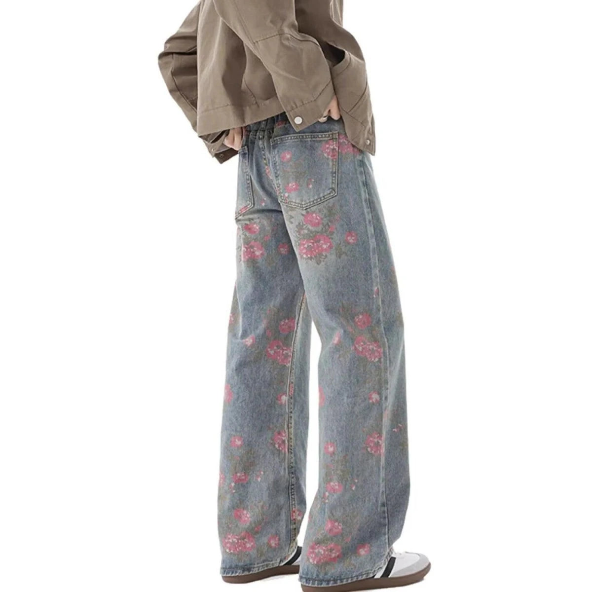 American Casual Floral Print Wide Leg Jeans Mid-Waist Fashion Urban Style Comfortable Soft Cotton Polyester Blend Four Seasons