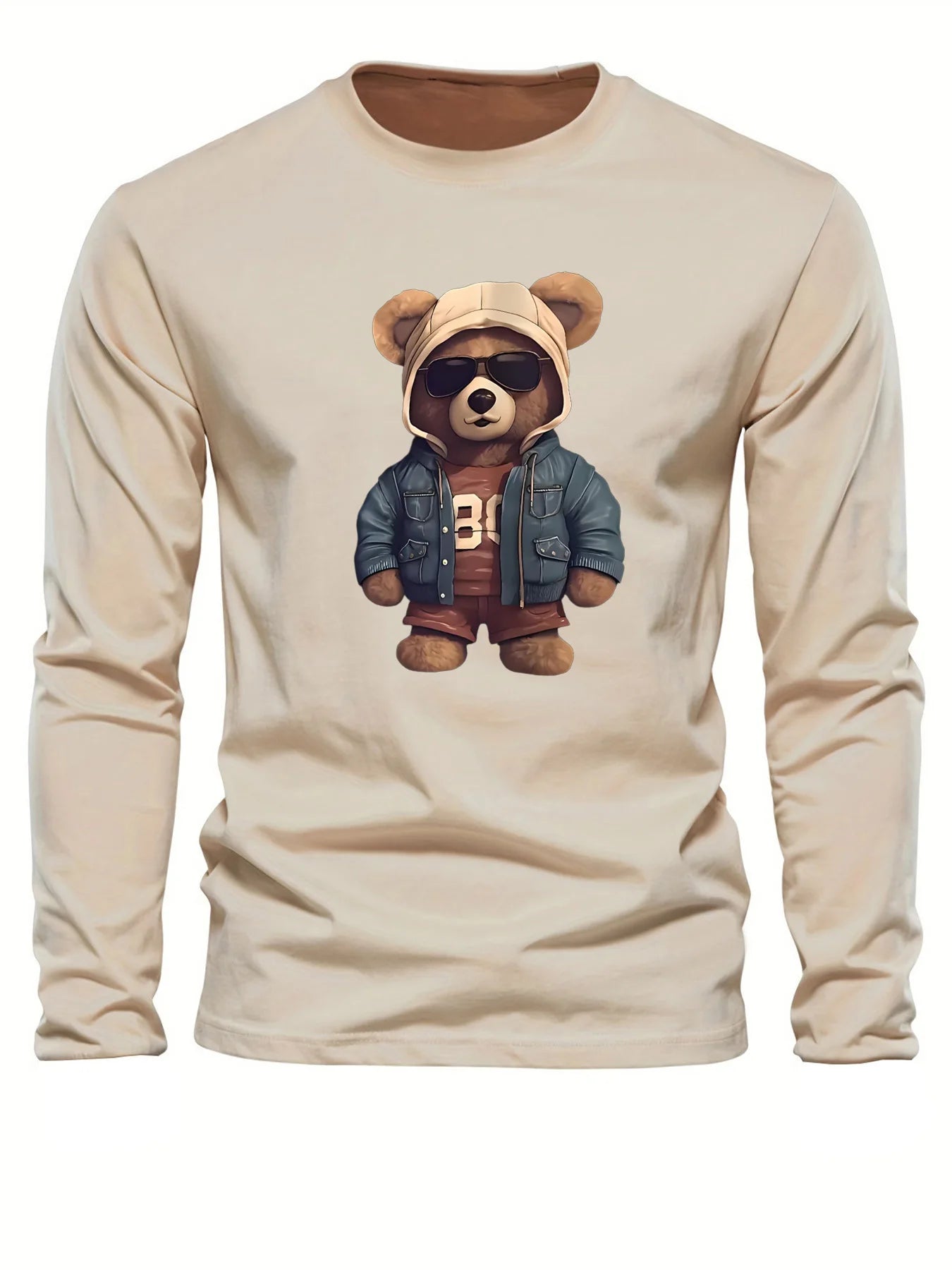 Men's casual long sleeved round neck loose bear pattern printed autumn and winter T-shirt top versatile