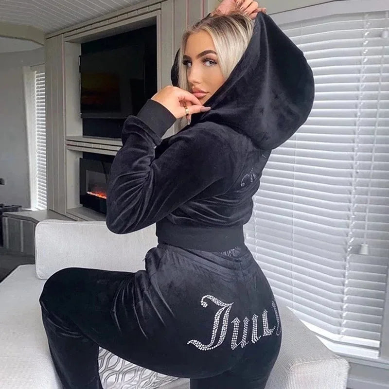 2 Pieces Women Sets 2026 New Fashion Diamond Velvet Hoodies + Long Pant Casual Letter Print Two-Piece Suits Women's Clothing