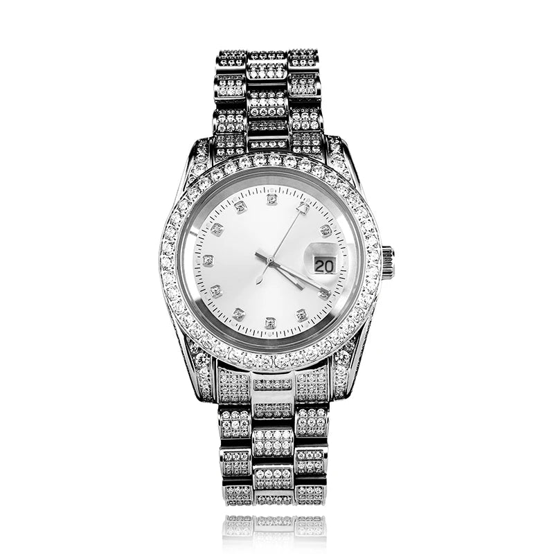 Rolex Style  Date Quartz Watch Waterproof Watches Iced  Out Stone Paved Bling Iced Out Stainless Steel Watch for Men Charm Jewelry