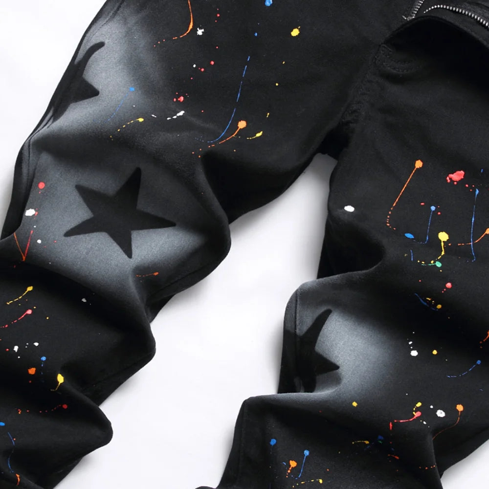 Men Star Painted Denim Jeans Casual Graffiti Print Slim Straight Pants Black Stretch Cotton Spandex Trousers