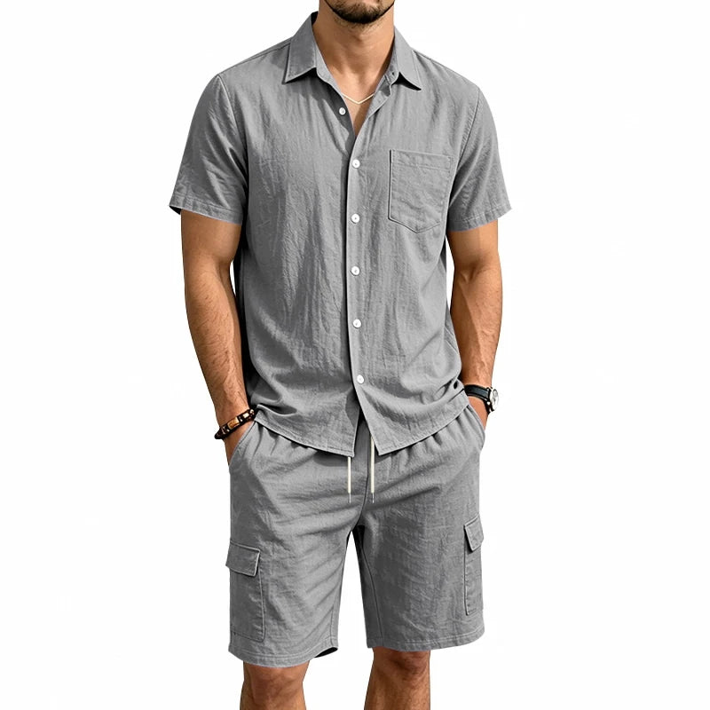 Men Summer American Linen Two Piece Set Short Sleeve Shirt Drawstring Cargo Shorts Loose Casual Outdoor Commute Vacation Outfit