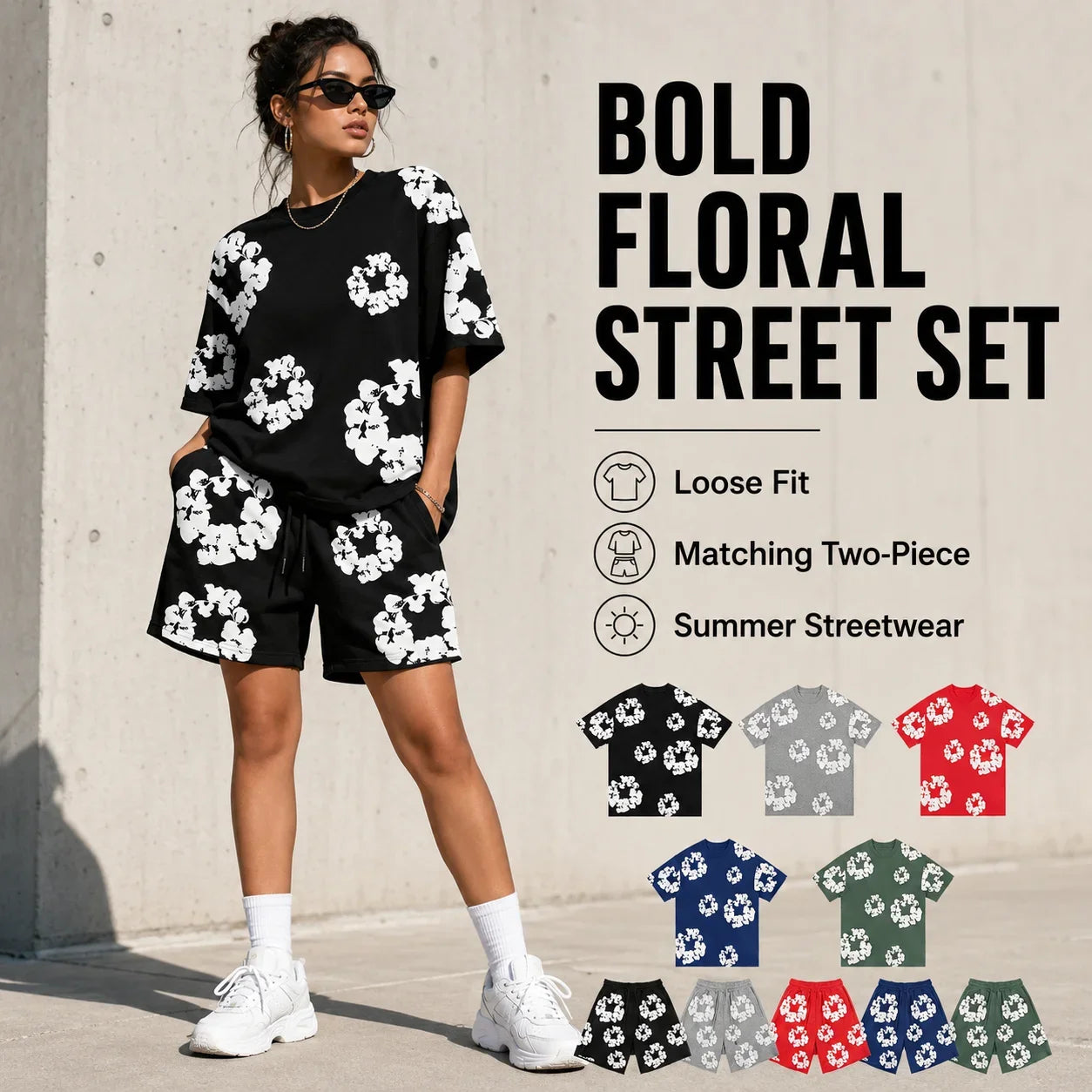 Floral Print T Shirt Shorts Set Oversized Graphic Tee Hip Hop Summer Casual Matching Outfit