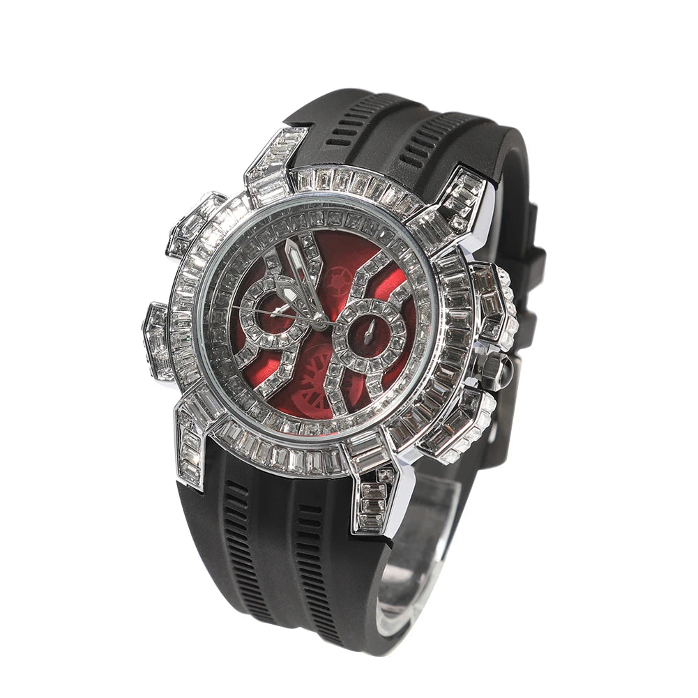 Iced Out Round Quartz Watch For Men Stainless Steel Sports Waterproof Type Fashion Red Dial Plate Anniversary Gift