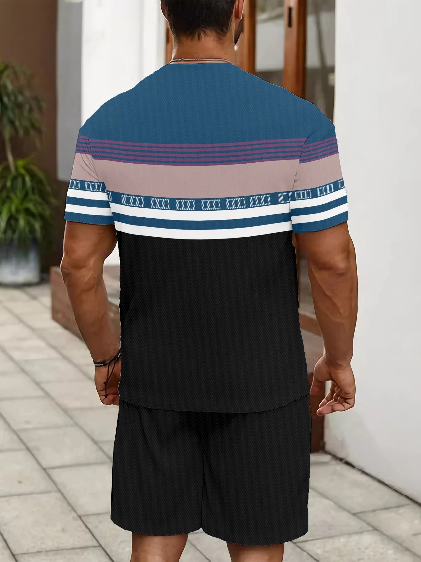 Men's Short-Sleeved Shorts Set - Street Casual Fashion Comfortable Soft Breathable 3D Stripes Pattern Print