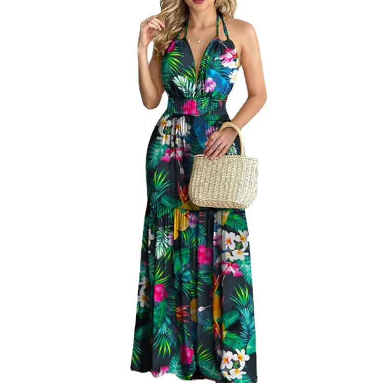 Floral Maxi Dress Long Backless Summer Elegant Gown for Women Vacation Beach Wedding Guest Outfit Flowy Evening Party Skirt