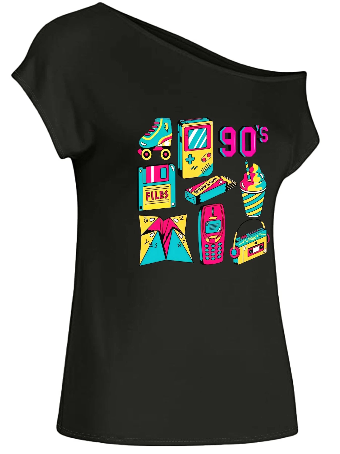 Fashion Women's Off-Shoulder T-Shirt 90's Retro Graphics Printed Short Sleeve Top Tees for Casual Wear