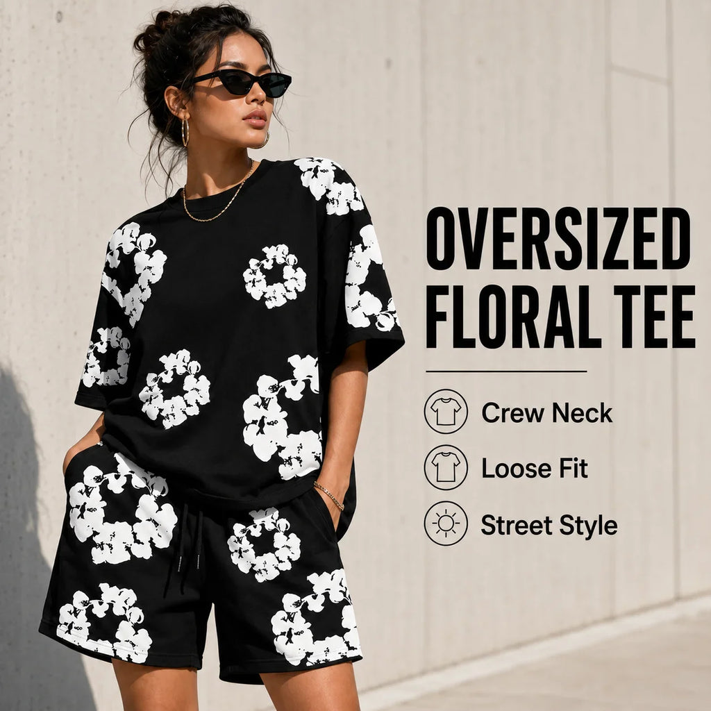 Floral Print T Shirt Shorts Set Oversized Graphic Tee Hip Hop Summer Casual Matching Outfit