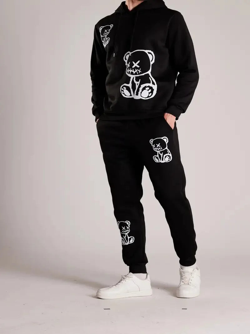 New Style Street Casual Fashion Comfortable Soft 3D Bear Pattern Printed Men's Hooded Sweatshirt Set