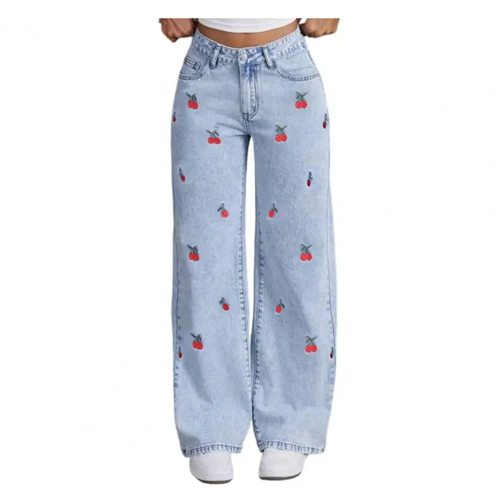 Bow Cherry Print Baggy Wide Leg Jeans