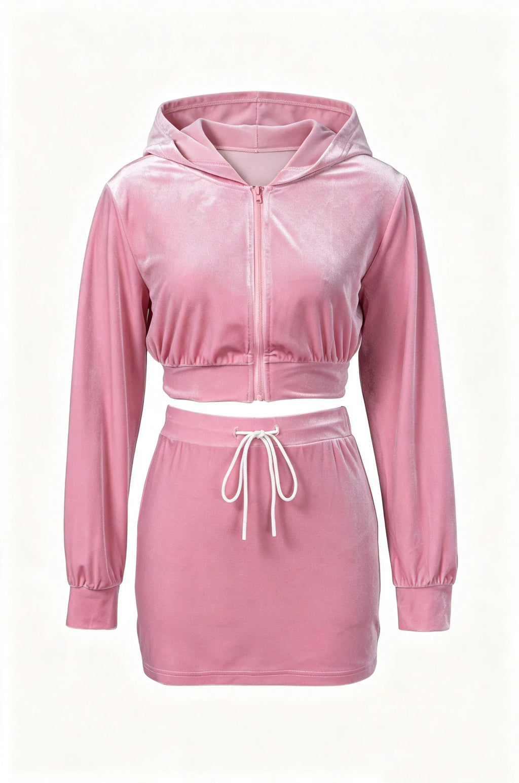 Women Pink Velvet 2 Piece Cropped Zip Up Hoodie Jacket