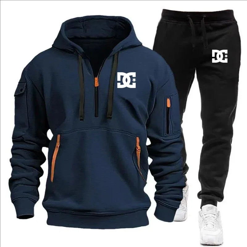 2Pcs Fleece Lined Outfit Autumn Winter Half Zip Hooded Sweatshirt High Waist Jogger Pants With Zipper Pockets Set