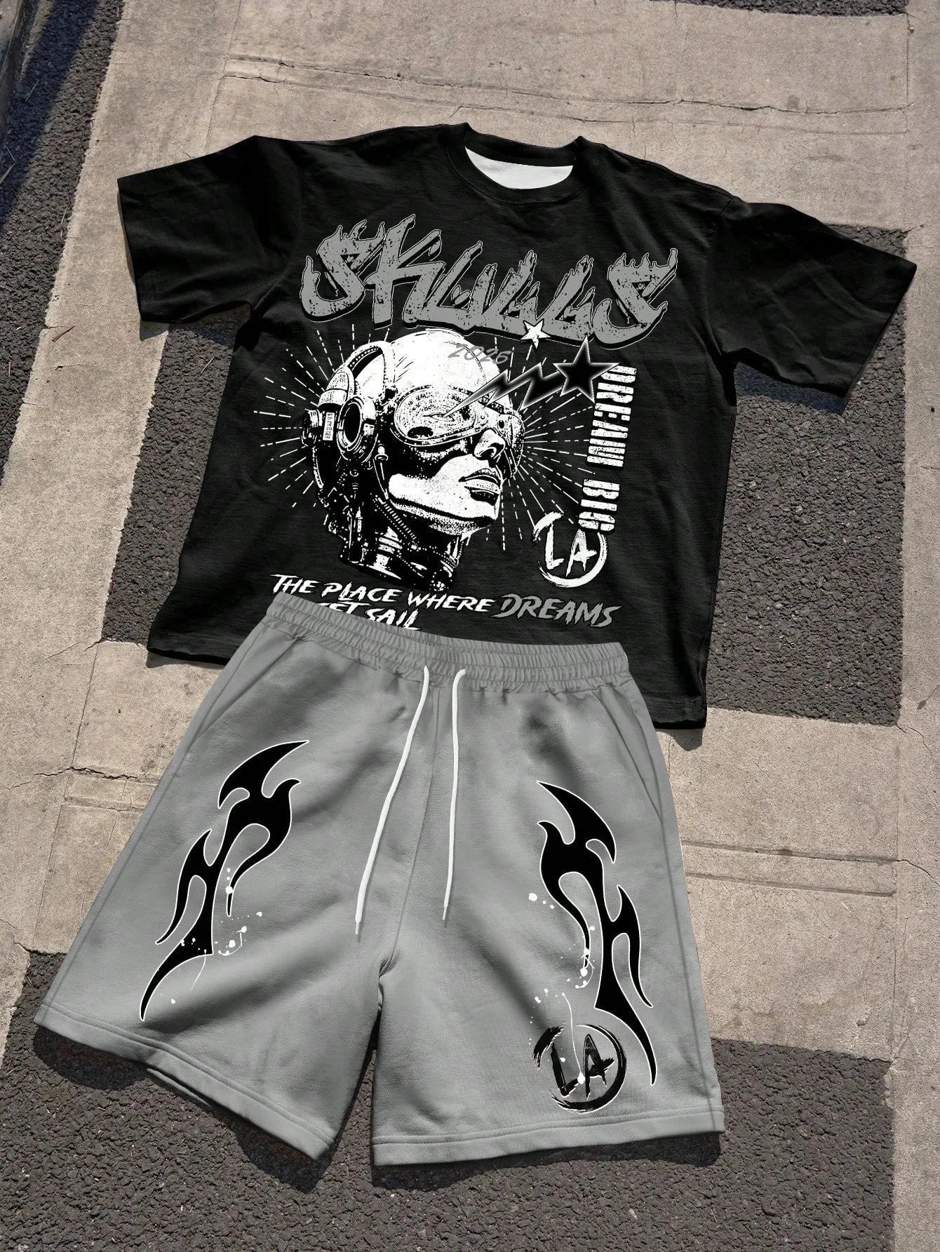Men's Short-Sleeved Shorts Set with 3D Letter Pattern Printing - Street Casual Fashion Comfortable and Soft