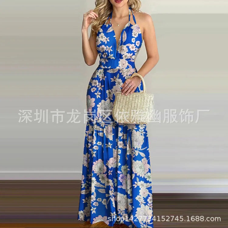 Floral Maxi Dress Long Backless Summer Elegant Gown for Women Vacation Beach Wedding Guest Outfit Flowy Evening Party Skirt