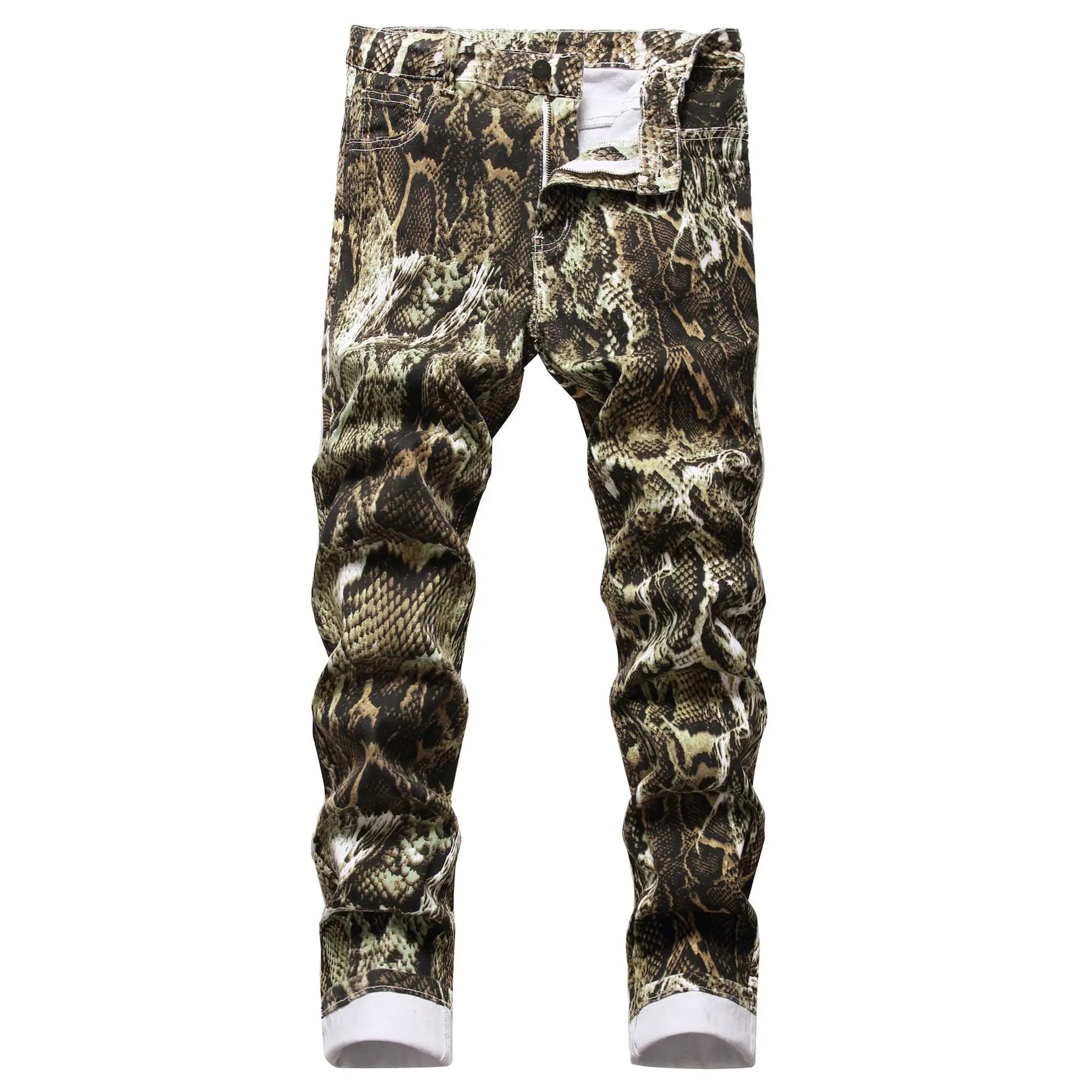 Men Printed Snakeskin Pencil Pants Slim Fit Colored Stretch Mid Waist Washed Denim Ankle Length Trousers