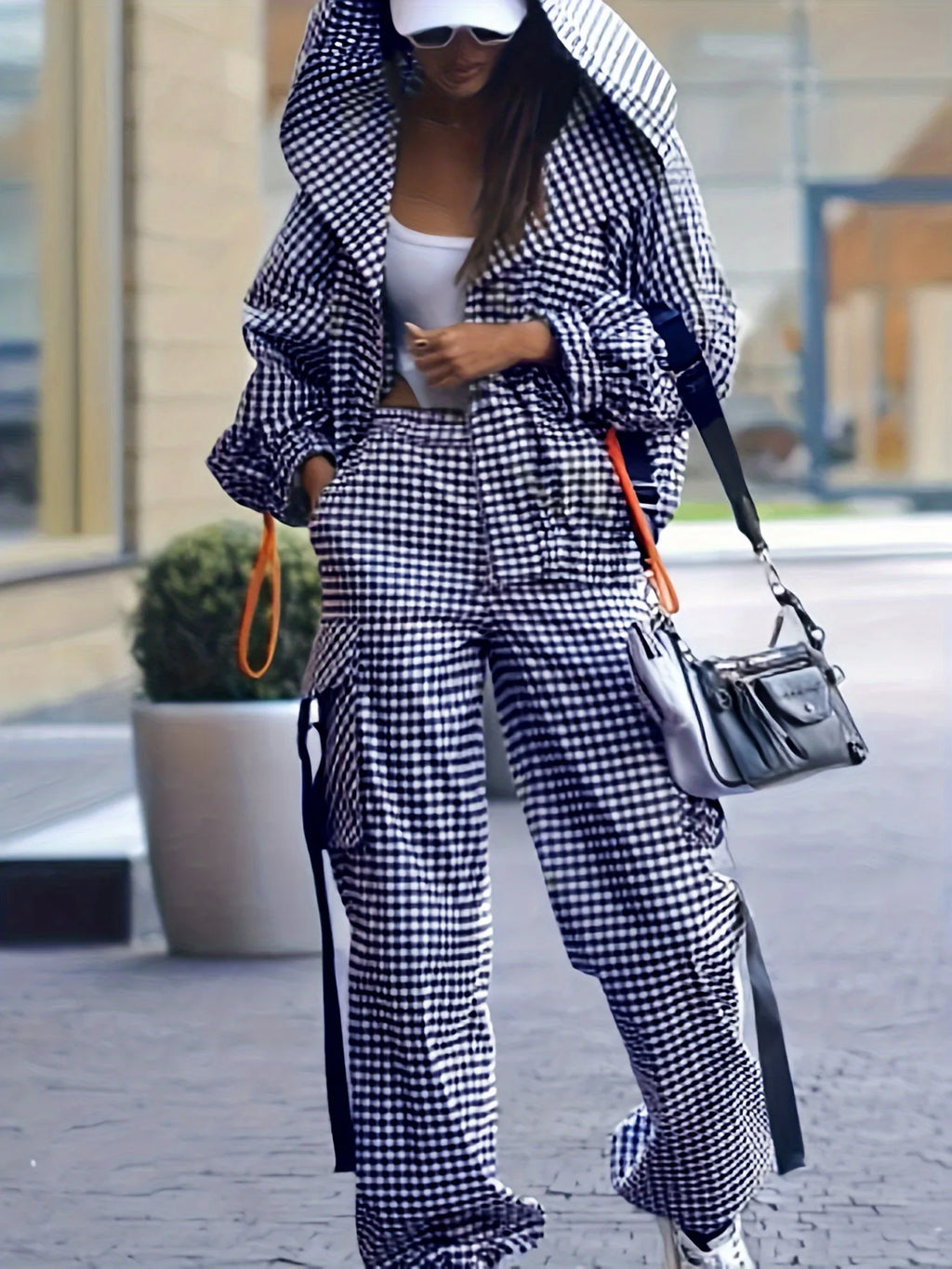 Spring Autumn Casual Plaid Print Women's Set Fashion Pocket Loose Hoodie Long-sleeved Jacket + Trousers 2-piece Suit Street