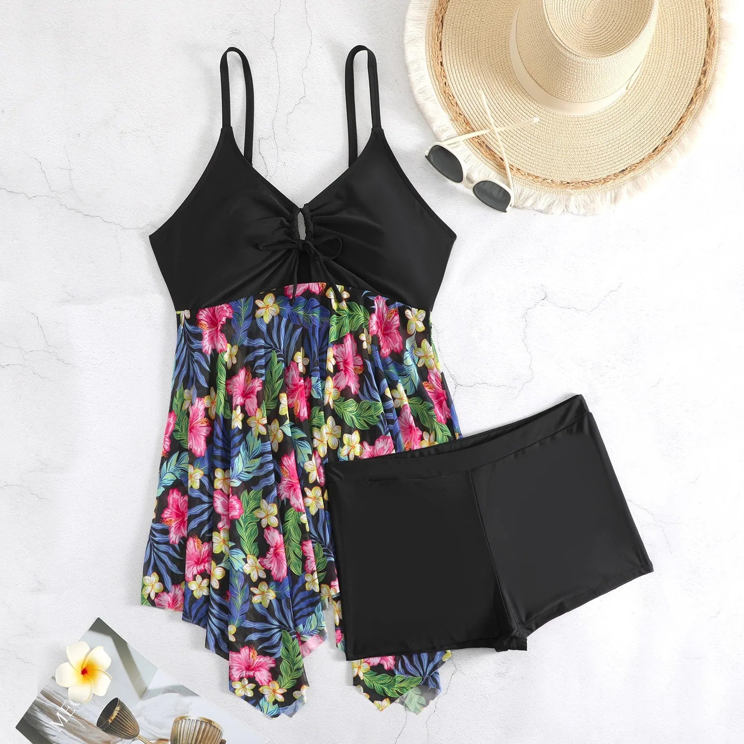 Women Tankini Sleeveless V Neck Tankini Top Plus Size High Waist Shorts Two Piece Swimsuit Floral Print Swim Tankini Swimwear