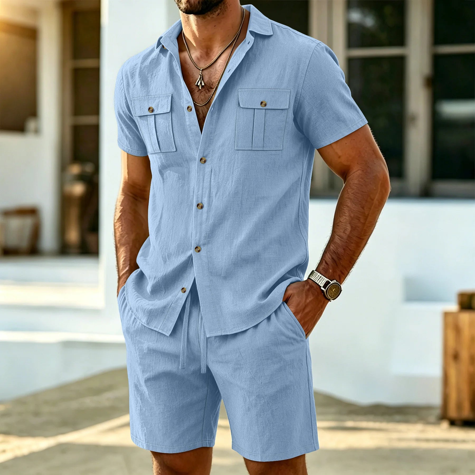 Men's linen outdoor casual 2-piece set - Business casual short-sleeved shirt + shorts beach sports breathable street