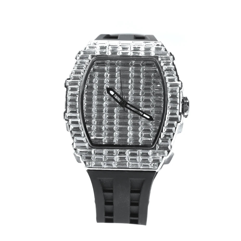 Full Iced Out Baguette Stones Square Watch With Silicone Strap