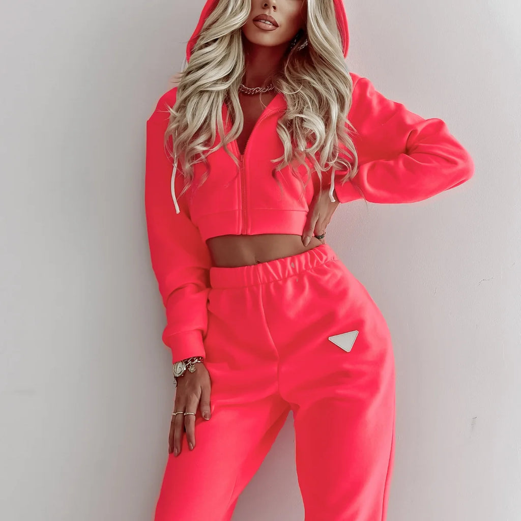 Women's Solid Color Spring Autumn Hooded Pullover Pants Set