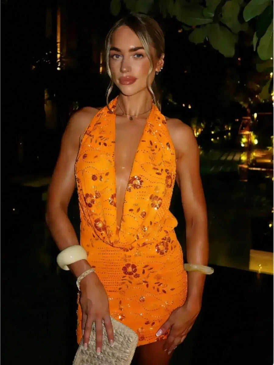 Women's Sparkly Sequin Halter Mini Dress Cowl Neck Sleeveless Backless Bodycon Party Club Short Dress