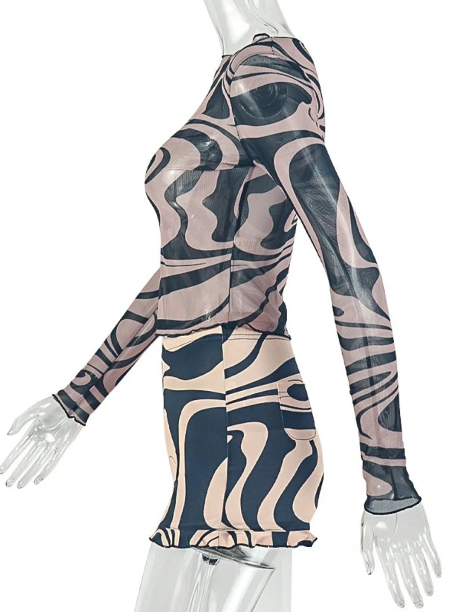 Foamlina Women 2 Piece Outfit Striped Print Sheer Mesh Long Sleeve Top Ruffled Shorts Set Summer Club Party Matching Tracksuit