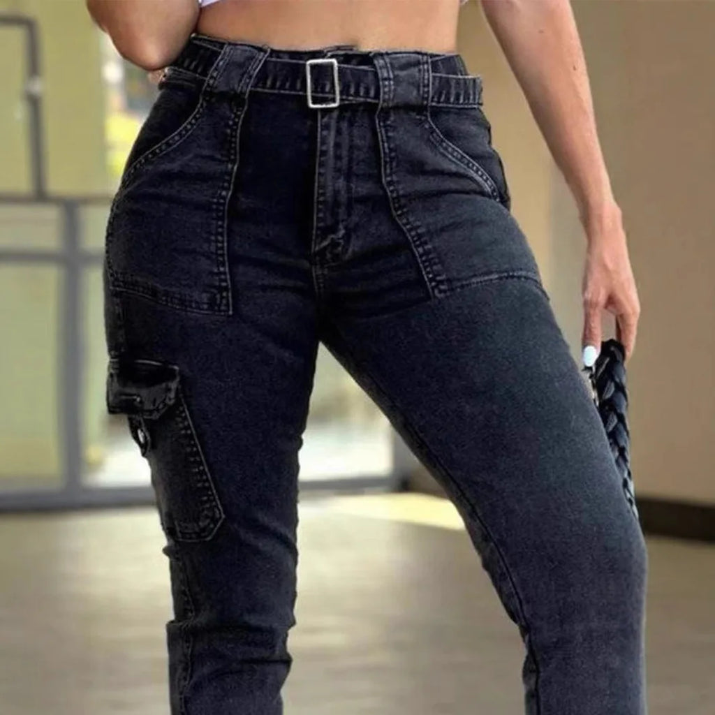 Europe and The United States Foreign Trade New Belt Women's Classic Sexy Tight Small Foot Pants High Spring Washed Cargo Jeans