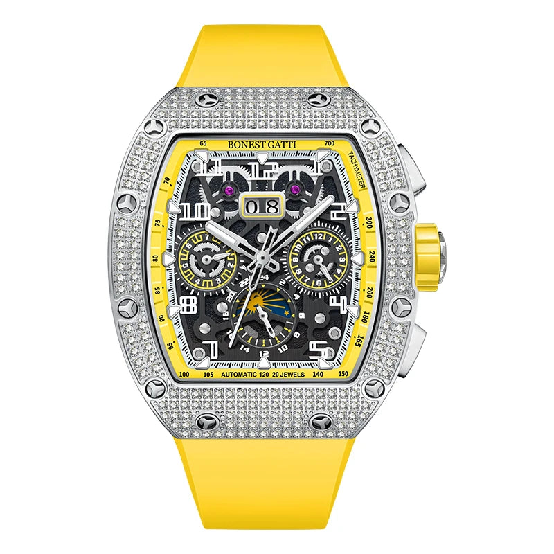Men Automatic Mechanical Watch Stainless Steel Skeleton Dial Sapphire Glass Waterproof Luxury Moissanite Wristwatch