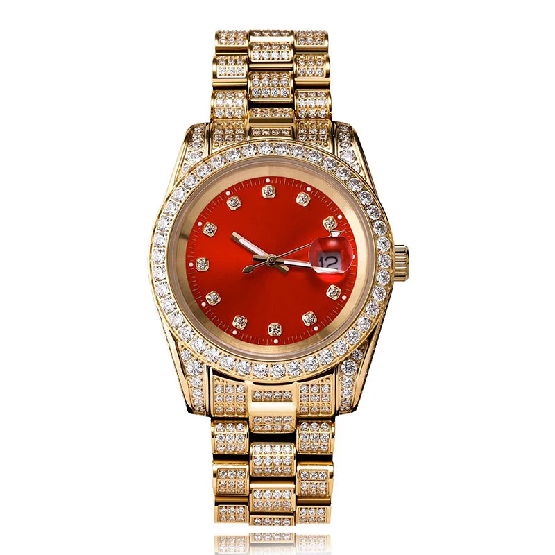 Rolex Style  Date Quartz Watch Waterproof Watches Iced  Out Stone Paved Bling Iced Out Stainless Steel Watch for Men Charm Jewelry
