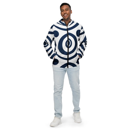 Mens Hooded Windbreaker Jacket - Navy Blue and White Circular Pattern
